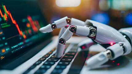 A robot hand typing on a laptop keyboard - obrazy, fototapety, plakaty