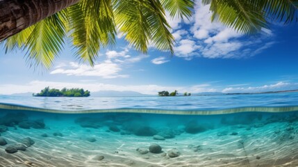 Tropical beach background with palm tree and azure sea
