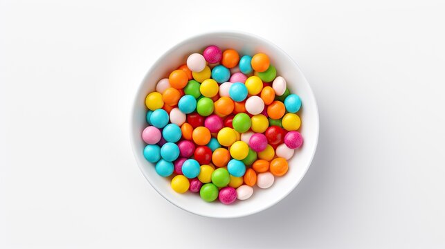 image zoomed in on colorful small candies placed in a white bowl. The image should capture the intricate details of each candy, showcasing their vibrant colors and glossy textures. 