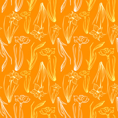 Seamless floral pattern in vintage style. Silhouette of narcissus flower on yellow background for wrapping paper, background, textiles. Spring and summer collection