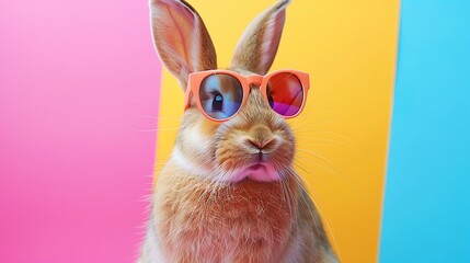 rabbit with shades on colorful background - obrazy, fototapety, plakaty