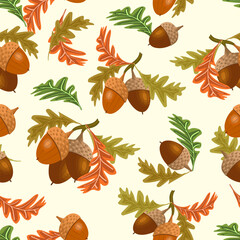 Acorns and leaves in a pattern.Acorns and autumn leaves in a colored pattern on a colored background.