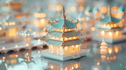 asian pagoda with lights on the lake illustration poster background 