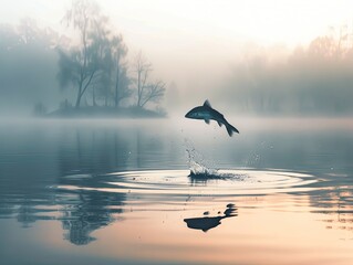 Obraz premium A serene moment of a fish jumping out of a lake creating a gentle splash