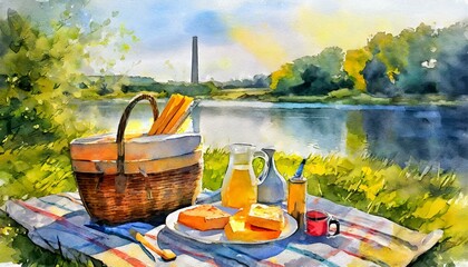 A peaceful lakeside picnic setting with a blanket, a picnic basket, sandwiches, and a serene view of the lake. The blanket is spread out neatly on the grassy shore, inviting relaxation. In the basket,