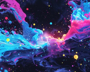 An abstract digital art piece featuring neon ink splashes in a zero-gravity environment