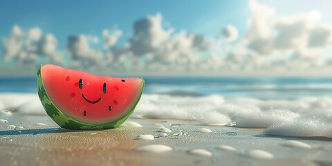 A slice of watermelon on the beach with waves in the background.