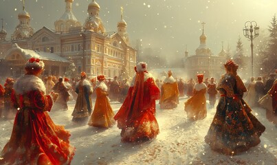 Folk Slavic dances and festivities in winter. - obrazy, fototapety, plakaty
