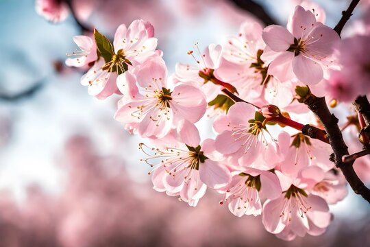 A stunning closeup of delicate pink-petaled cherry blossom flowers against a beautifully blurred background.