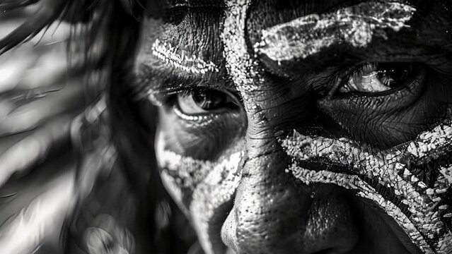 A closeup of intricate face paint on the shamans and forehead representing the spirits they are communing with.