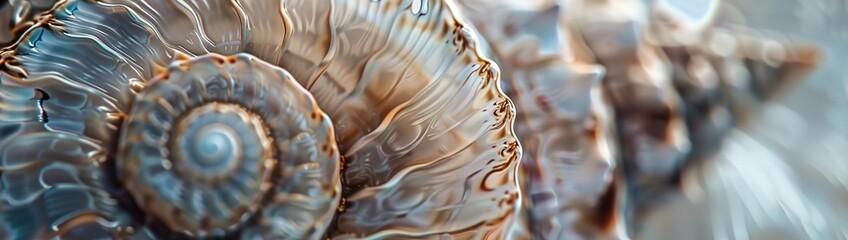 A macro shot capturing the intricate texture of a seashell with delicate ridges, spirals, and iridescent hues
