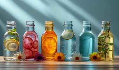 Bottles with drinks on the table on a blue background.