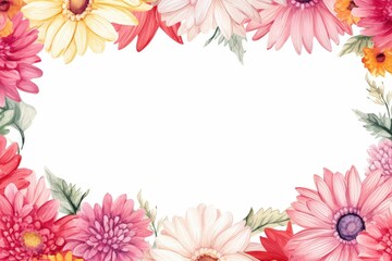 watercolor of gerbera daisy flowers frame, botanical border, romantic gerbera daisy flowers.  Floral frame illustration. Floral banner, background, card with copy space.