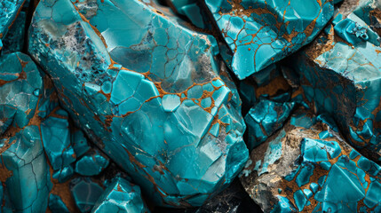 A close-up shot of vivid blue turquoise stones, highlighting the intricate natural patterns and rich coloration - obrazy, fototapety, plakaty