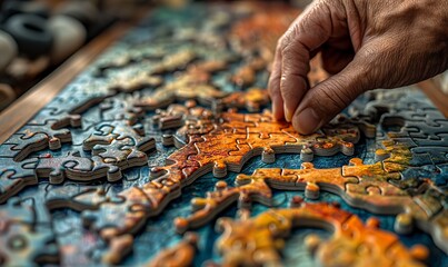 A hand collecting a puzzle on a table.