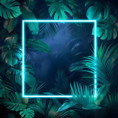 Neon Square Frame Illuminating Tropical Leaves Mystical Neon Portal in Lush Jungle
