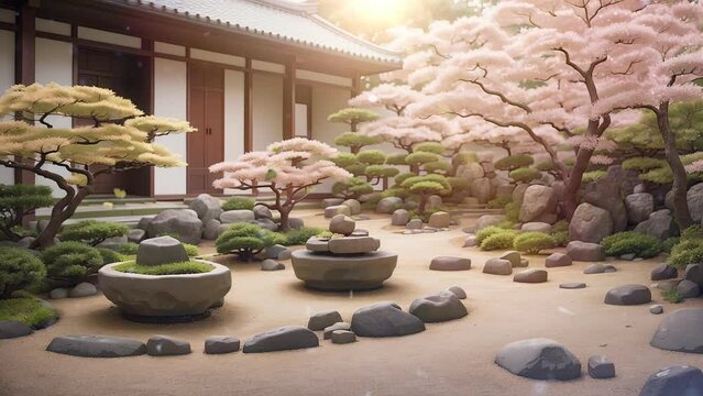 japanese garden with tree 4k video anime style