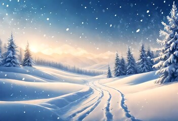 Winter snow background with snowdrifts, with beautiful light and snow flakes on the blue sky in the evening - obrazy, fototapety, plakaty
