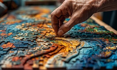 A hand collecting a puzzle on a table. - obrazy, fototapety, plakaty