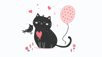 Cute black cat with a pink bird on his tail and a pin