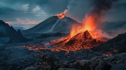 dark fantasy mountain landscape, fire in the hills, volcano eruption