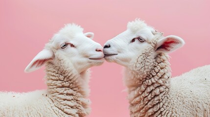 Two youthful sheep in affection with one another embracing Confined pink background