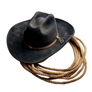 Black Cowboy Hat And Lasso On Transparent Background 