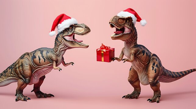 Two dinosaurs Rex in red St Nick Claus cap holds brilliant gift enclose its paws on pink background