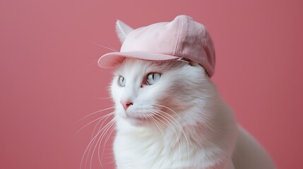 White feline in a light pink cap on a distinctive pink background - obrazy, fototapety, plakaty