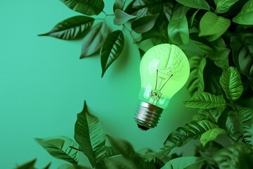 Idea concept with light bulb and green plant on green background