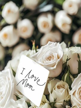 Mother’s Day card with decoration, saying I love mom, with bouquet of flower