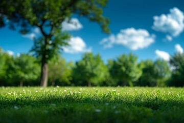 Green grass and blue sky with white clouds in the background,  Natural background