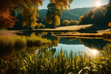 A tranquil lake surrounded by vibrant green grass under the warm autumn sun, with clear reflections on the water.
