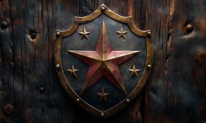 Shield decorated with stars on a wooden background. - obrazy, fototapety, plakaty