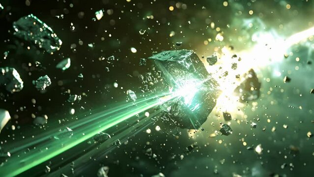 A powerful laser beam emitting from the clearing system breaking apart larger pieces of debris into smaller more manageable fragments.