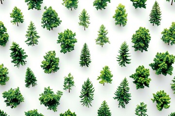 Pattern made of coniferous trees on white background,  Flat lay, top view - obrazy, fototapety, plakaty