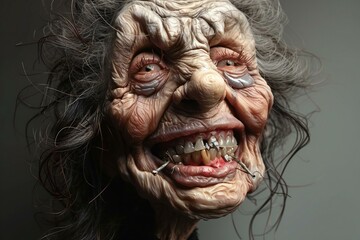 Scary old woman with rotten teeth on grey background, closeup