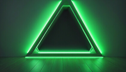 3d rendering, abstract geometric background. Triangular doorway portal glowing in the dark with magical green neon light. Modern minimalist wallpaper colorful background
