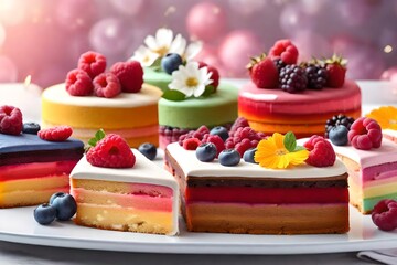 slices of cake on a white tray: rainbow cake, raspberry cake, and almond cake