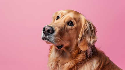 wonderful little brilliant retriever canine responding to commotion dubiously glancing around while sitting on pink background