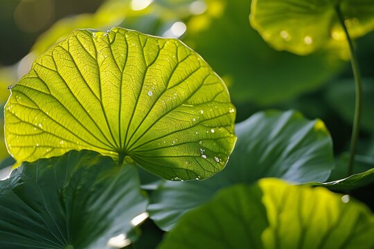 Lotus leaf with water drops, close-up, selective focus