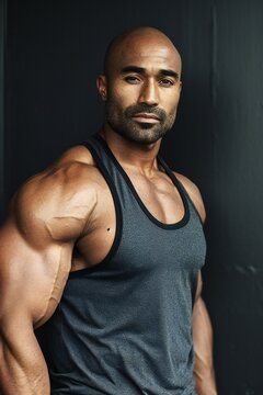 Portrait of a handsome muscular African American man posing in a gym