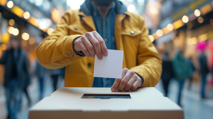 Close-up of a person in a yellow jacket placing a voting slip into a ballot box. Symbolizing democratic participation in a blurred urban setting.
