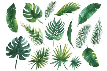 Set of tropical leaves isolated on white background,  Watercolor illustration - obrazy, fototapety, plakaty