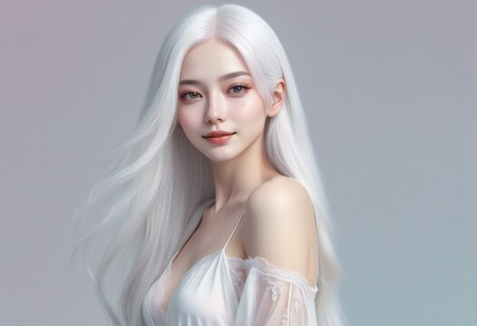 Beautiful asian girl with long white hair, studio shot