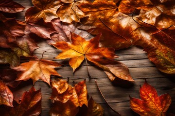 Close-up shot of glistening autumn leaves neatly arranged on a rustic tabletop.