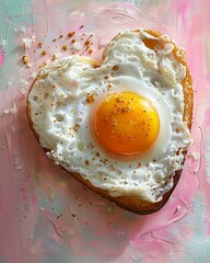 Fried egg hearts, collage on pastel canvas, morning sun, bird's-eye, playful and loving breakfast theme,