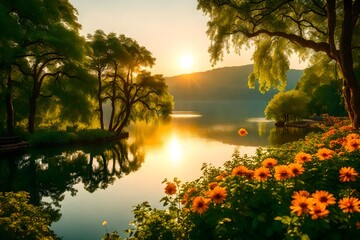 Serene lakeside, golden sun setting behind lush green trees, vibrant flowers in the foreground.