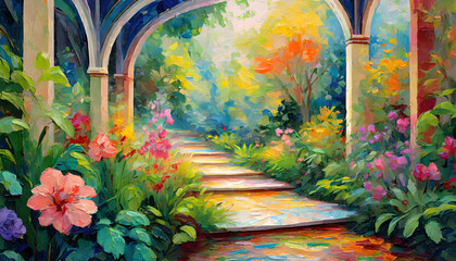 Paint a magical garden scene using oil textures, where the flowers, foliage, and even. Generative...