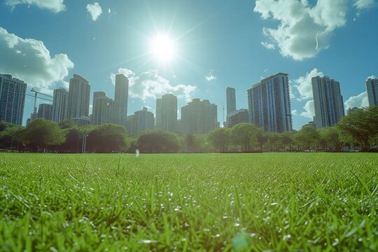 Green grass field and city skyline with blue sky, vintage tone